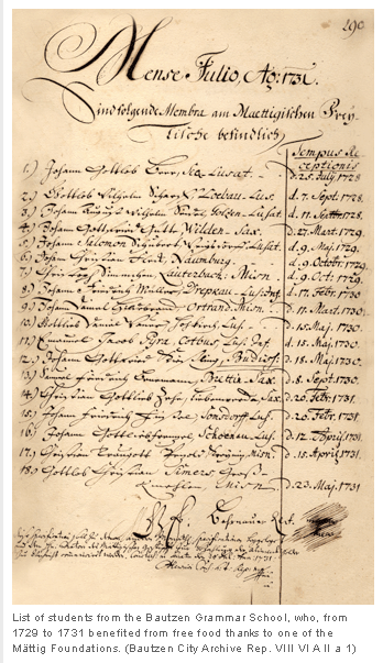 List of students from the Bautzen Grammar School, who, from 1729 to 1731 benefited from free food thanks to one of the Mttig Foundations. (Bautzen City Archive Rep. VIII VI A II a 1)